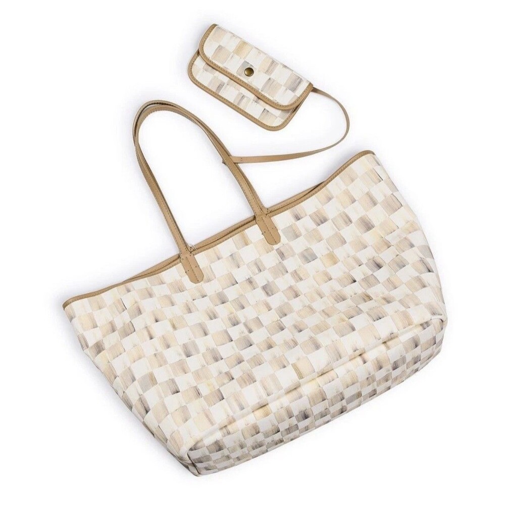 New Mackenzie Childs Mocha Check Medium Marche Tote TAN WHITE CHECK